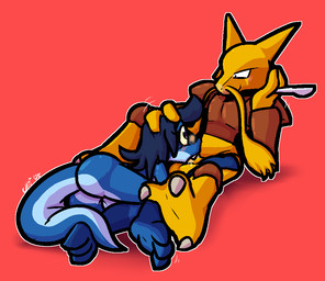 2_horns 3_toes anthro anthro_on_anthro anthro_penetrated anthro_penetrating anthro_penetrating_anthro backsack balls big_butt black_eyes blue_balls blue_body blue_hair blue_scales bodily_fluids brown_body brown_fur butt claws cutlery deep_throat duo eyewear eyewear_only feet fellatio fur genitals glasses glasses_only grey_eyewear grey_glasses hair holding_spoon horn kitchen_utensils looking_at_another looking_down looking_up lying male male/male male_penetrated male_penetrating male_penetrating_male nude on_front oral oral_penetration penetration penile purple_eyes red_background saliva scales sex simple_background sitting smile smirk spoon talons toe_claws toes tools wearing_glasses white_claws yellow_body yellow_fur yellow_sclera ultilix nintendo pokemon ulti_(ultilix) alakazam generation_1_pokemon lizard pokemon_(species) reptile scalie 2026