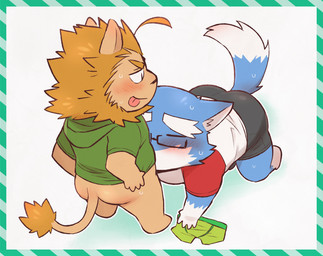 all_fours anthro blush bottomless butt chibi clothed clothing duo eyewear glasses male male/male oral sex cotton_(artist) hero_dekirumon andrew_saitou kevin_takahata canid canine canis domestic_dog felid lion mammal pantherine