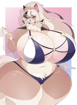 anthro big_breasts biped blush breasts clothed clothing eyelashes female hair huge_breasts hyper hyper_breasts looking_at_viewer multicolored_body pubes pupils simple_background smile solo swimwear thick_thighs irisu nintendo pokemon garnet_(thicccomplex) generation_7_pokemon lycanroc midday_lycanroc pokemon_(species) hi_res