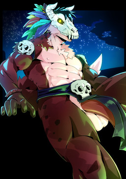 anthro balls big_balls bone bone_mask bottomwear bottomwear_aside bracelet claws clothing clothing_aside dangling ear_piercing ear_ring erection feathers fluffy fur genitals humanoid_genitalia humanoid_penis jewelry loincloth loincloth_aside looking_at_viewer magic_user male mask muscular muscular_male night nipples penis piercing resting_arm ring_piercing sitting skull skull_mask sky solo spiked_bracelet spikes star starry_sky tail tribal_spellcaster witch_doctor mrfulero katsu_(katsukrambles) hybrid hyena mammal spotted_hyena werecreature 2024 absurd_res hi_res