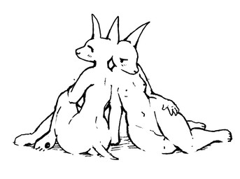 ambiguous_gender anthro blush blush_lines butt conjoined female female/female intersex intersex/intersex male male/male nipples nude paws tail thick_thighs altcat car_seat_headrest canid canine mammal hi_res monochrome