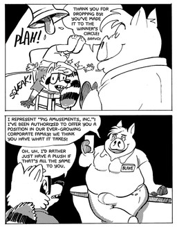anthro bulge dialogue duo eyewear glasses hooves male moobs overweight overweight_male speech_bubble text wearing_glasses billy_fore blake_(billy_fore) domestic_pig mammal procyonid raccoon suid suine sus_(pig) black_and_white comic english_text hi_res monochrome