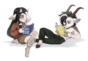 anthro black_hair blue_eyes book bottomwear brown_bottomwear brown_clothing brown_skirt clothing duo female hair highlights_(coloring) horn long_hair male miniskirt profanity reclining shirtless_male simple_background skirt white_background white_highlights yellow_eyes sovesute lotti_(vulf-sama) viktor_(vulf-sama) bovid caprine goat mammal hi_res incest_(lore)