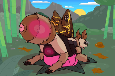 4_arms antennae_(anatomy) anthro anus arthropod_abdomen arthropod_abdomen_anus bamboo black_body black_exoskeleton bloated bodily_fluids brown_body brown_fur clothing detailed_background digitigrade eggnant exoskeleton eyespots female forest fur genital_fluids genitals glowing glowing_abdomen glowing_belly hat headgear headwear hyper_abdomen insect_wings kintsugi_(art) lepidopteran_wings lying markings mountain multi_arm multi_limb nature neck_tuft on_front outside pink_genitals plant pregnant puffy_anus solo striped_body striped_fur stripes tongue tongue_out torn_clothing tree tuft vulva wings ikakins terraria floof_(binaryfloof) arthropod insect lepidopteran moth 3:2 hi_res