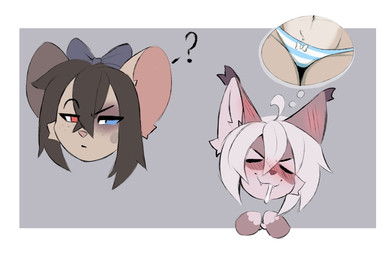 >_< accessory anthro biped blue_clothing blue_eyes blue_panties blue_underwear blush bodily_fluids border bottomwear bow_panties bow_ribbon bow_underwear brown_body brown_fur brown_hair clothing countershade_fur countershade_torso countershading drooling duo ear_tuft eyebrows eyes_closed female fur hair hair_accessory hair_bow hair_ribbon heterochromia imagination navel panties pattern_bottomwear pattern_clothing pattern_panties pattern_underwear pink_inner_ear pink_nose question_mark raised_eyebrow red_eyes ribbons saliva simple_background striped_bottomwear striped_clothing striped_panties striped_underwear stripes tuft underwear white_border white_clothing white_panties white_underwear mayrin_(artist) ashe_frost_(lentilghost) mayrin_(character) felid feline house_mouse lynx mammal mouse murid murine rodent 2025 digital_media_(artwork) hi_res