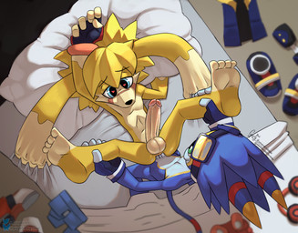 abdominal_bulge anal anal_penetration balls bed bedroom big_balls big_penis blue_body blue_eyes blue_fur clothing deep_penetration duo erection feet feet_up femboy fingerless_gloves fur furniture genitals gloves green_eyes handwear heart_eyes heart_symbol leg_grab lying male male/male male_penetrated male_penetrating male_penetrating_male nude on_back on_mattress penetration penile penile_penetration penis penis_in_ass sex slim_male thick_penis yellow_body yellow_fur spicyboi01 humanoid hi_res