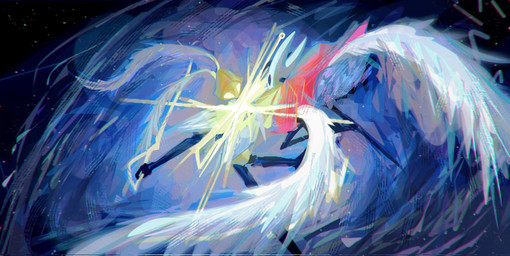 2_horns ambiguous_gender attack biped black_arms black_body black_eyes black_legs cloak clothed clothing duo empty_eyes holding_melee_weapon holding_object holding_weapon horn looking_at_another melee_weapon midair red_cloak red_clothing weapon white_eyes wings yellow_body nacl hollow_knight:_silksong hollow_knight_(franchise) team_cherry hornet_(hollow_knight) second_sentinel arthropod 2026 hi_res female_(lore)