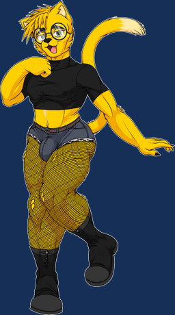 anthro belly_exposed black_boots black_clothing black_footwear black_nails blonde_hair boots bottomwear bulge butt cat_tail clothed clothing colored_nails crop_top crossdressing denim denim_bottomwear denim_clothing denim_shorts eyebrows eyewear fishnet_clothing fishnet_legwear footwear fur glasses green_eyes hair legwear looking_at_viewer male nails navel open_mouth pose round_glasses shirt shoes shorts simple_background skinny smile smiling_at_viewer solo sprite tail text thick_eyebrows thick_thighs topwear yellow_body yellow_fur not_bgz31 devin_flust domestic_cat felid feline felis mammal alpha_channel english_text full-length_portrait hi_res portrait