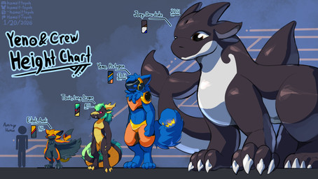 abstract_background anthro armor big_tail black_body black_feathers black_horn blowhole blue_body blue_fur chart dorsal_fin feathers feral fin fur green_hair group hair height_chart horn machine male orange_armor size_difference tail tail_mouth unusual_anatomy unusual_tail white_body yellow_body yellow_feathers yellow_horn howzit_toyah mythology eikuli_(joeyderg) yeno aquatic avali cetacean dolphin dragon eastern_dragon mammal mythological_creature mythological_scalie oceanic_dolphin orca protogen scalie toothed_whale wingless_dragon absurd_res hi_res model_sheet