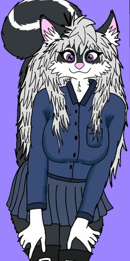 anthro bottomwear cheek_tuft clothing collared_shirt countershade_face countershading dress_shirt eyelashes facial_tuft female hair hands_on_legs inner_ear_fluff long_hair neck_tuft pink_inner_ear pink_nose purple_eyes shirt shirt_pocket simple_background skirt smile solo tail topwear tuft white_hair kositamandy mammal mephitid skunk