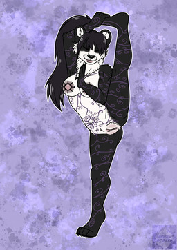 anthro anus breasts clitoris female full_body_tattoo genitals hair nipple_piercing nipples piercing ponytail raised_leg solo tattoo vulva yoga arwenscoots conditional_dnp bear giant_panda mammal hi_res