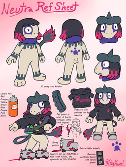 ambiguous_gender anthro black_hair clothing eye_markings fur fur_markings hair hat headgear headwear hoodie markings open_mouth paint side_view solo spray_paint standing tail tan_body tan_fur text topwear psykwol heelys nintendo pokemon fan_character neutra_(psykwol) generation_2_pokemon generation_9_pokemon grafaiai hybrid hybrid_pokemon pokemon_(species) smeargle absurd_res english_text full-length_portrait headshot_portrait hi_res model_sheet portrait male_(lore)