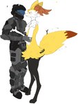 anthro armor blush female fluffy fluffy_tail hug male odst tail spectral_gauss halo_(series) microsoft nintendo pokemon xbox_game_studios animal_humanoid braixen canid canine fox generation_6_pokemon human humanoid mammal mammal_humanoid pokemon_(species) hi_res