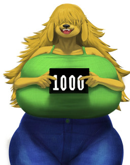 5_fingers anthro big_breasts black_nose blonde_hair blue_bottomwear blue_clothing blue_jeans blue_pants bottomwear breasts clothing denim denim_bottomwear denim_clothing female female_anthro fingers fur green_clothing green_topwear hair hair_over_eyes huge_breasts hyper hyper_breasts jeans long_hair open_mouth open_smile pants simple_background smile solo teeth tongue topwear white_background yellow_body yellow_fur liodimor canid canine canis domestic_dog mammal 2025 hi_res milestone_celebration