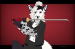 0cherryfoxy0 anthro black_body black_clothing black_fur black_nose claws clothing female fluffy fur grey_eyes hair katana long_hair melee_weapon scar smile solo sword weapon white_body white_fur canid canine canis fox mammal absurd_res hi_res