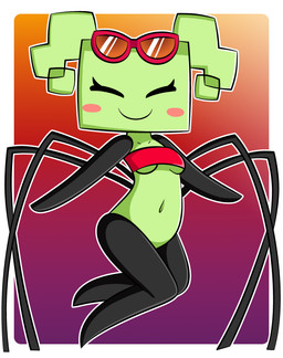black_arms black_legs blush blush_stickers border bottomless bottomless_female bottomless_humanoid breasts clothed clothing collarbone eyelashes eyes_closed eyewear eyewear_on_head featureless_hands featureless_legs female female_humanoid gradient_background green_body green_breasts green_hair green_skin hair navel not_furry outline pigtails pink_blush red_clothing red_eyewear red_sunglasses red_topwear simple_background small_breasts smile solo square_(anatomy) sunglasses sunglasses_on_head topwear under_boob white_border white_outline dreameclipsewolf mario_bros nintendo paper_mario mimi_(paper_mario) arachnid arthropod humanoid spider 2023 absurd_res digital_media_(artwork) hi_res shaded