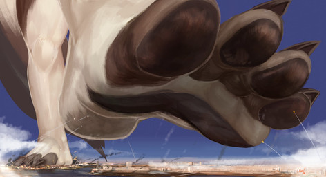 4_toes ambiguous_gender anthro city city_destruction cityscape claws destruction extreme_size_difference feet foot_fetish foot_focus foot_play macro missile pawpads paws size_difference soles solo toe_claws toes trampling underfoot solutionwcs hi_res