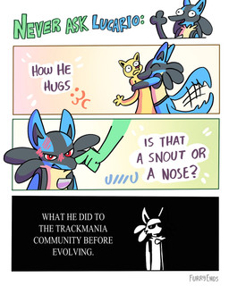 :3 anthro blush boop border duo frown fur hug humor looking_at_viewer male motion_lines nude open_mouth open_smile simple_background smile solo_focus spikes spikes_(anatomy) standing tail tail_motion tailwag text the_truth toony tuft white_border furryends nintendo pokemon trackmania_(series) felid feline generation_4_pokemon lucario mammal pokemon_(species) 2025 comic english_text hi_res meme multiple_scenes signature