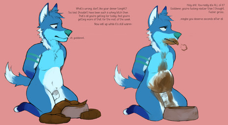 anthro belly blue_body blue_fur bound bowl breathing chastity_cage chastity_device container dialogue eating_feces feces feces_in_mouth feces_on_balls feces_on_belly feces_on_body feces_on_chest feces_on_face feces_on_genitals feces_on_ground feces_on_leg feces_on_penis feces_pile flat_chastity_cage fur genitals hands_behind_back hands_tied hands_tied_behind_back inflation looking_down male metal_chastity_cage navel nude nude_male penis pet_bowl scat_inflation scatplay solo text toilet_slave wearing_chastity_cage wearing_chastity_device hydys_kithe adonai canid canine fox mammal