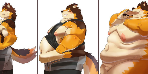 anthro big_butt blush bodily_fluids bottomwear breasts brown_body brown_fur bulge butt chode clothing deep_navel eating fat_arms fupa fur genitals inverted_nipples male moobs muscle_shirt navel nipples nude penis sagging_breasts shorts small_penis solo sweat thick_thighs weight_gain weight_gain_sequence white_body white_fur yellow_body yellow_fur umyuta lifewonders live_a_hero barrel_(live_a_hero) canid canine canis domestic_dog mammal comic hi_res