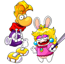 4_fingers anthro big_nose black_eyes blonde_eyebrows blonde_hair blue_ear_piercing bottomless bottomless_anthro closed_smile clothed clothed_anthro clothed_female clothed_humanoid clothed_male clothing crown duo ear_piercing eyebrow_through_hair eyebrows eyelashes eyeshadow featureless_crotch female fingers flat_chested floating_hands floating_head floating_torso footwear gem gloves hair half-closed_eyes hand_in_pocket handwear headgear holding_selfie_stick hoodie larger_humanoid larger_male light long_hair looking_at_viewer makeup male mouth_closed multicolored_body narrowed_eyes noseless piercing pink_clothing pink_shirt pink_topwear pockets purple_clothing purple_eyeshadow purple_hoodie purple_topwear red_tongue ruby_(gem) sapphire_(gem) selfie_stick shirt shoes short_hair simple_background size_difference smaller_anthro smaller_female smile smiling_at_viewer standing taking_picture taking_selfie tan_body tan_inner_ear tan_skin thin_eyebrows tongue topwear translucent translucent_hair two_tone_body white_background white_clothing white_gloves white_handwear yellow_clothing yellow_footwear yellow_shoes amanditas mario_bros mario_plus_rabbids_kingdom_battle nintendo raving_rabbids rayman_(series) ubisoft rabbid_peach rayman humanoid lagomorph mammal rabbid raypeople_(rayman) 2023 colored crossover digital_drawing_(artwork) digital_media_(artwork) english_description lighting shaded