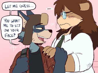 age_difference anthro bashful blush clothed clothing dialogue duo ears_down eyewear facesitting_request fully_clothed glasses hair hand_holding hand_on_another's_shoulder hand_on_shoulder hat headgear headwear long_hair looking_at_another looking_away male male/male narrowed_eyes pink_background pivoted_ears round_glasses simple_background size_difference smug student teacher teacher_and_student text trapper_hat ushanka wearing_glasses junkztown professor_barley_(junkztown) rico_(junkztown) felid lion mammal pantherine procyonid raccoon english_text hi_res