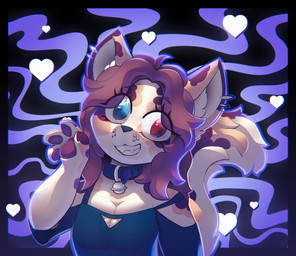anthro bell bell_collar blue_clothing blue_collar blue_eyes blue_nose blue_shirt blue_topwear breasts brown_body brown_fur brown_hair brown_inner_ear brown_pawpads cleavage cleavage_cutout clothed clothing collar cutout ear_piercing ear_ring eyelashes eyelashes_through_hair female fur gesture grin hair heart_symbol heterochromia long_hair looking_at_viewer pawpads piercing red_eyes ring_piercing shirt smile solo tail tan_body tan_fur topwear translucent translucent_hair waving waving_at_viewer whisker_spots white_body white_fur white_inner_ear mintychipart domestic_cat felid feline felis mammal 2025 bust_portrait digital_drawing_(artwork) digital_media_(artwork) hi_res krita_(artwork) portrait shaded