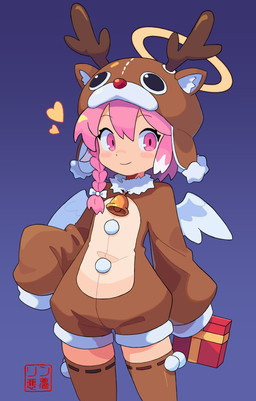 christmas_clothing clothing feathered_wings feathers female hair halo holidays kigurumi male onesie pink_eyes pink_hair solo wings yule rin_nightmare christmas kuu angel angel_humanoid humanoid absurd_res hi_res