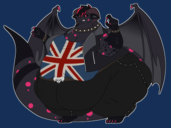 4_claws 5_fingers angry anthro belly belt big_belly big_breasts black_hair bottomwear breasts brown_horn claws cleavage clothed clothing collar female fingers grey_body grey_wings hair horn huge_belly jacket multicolored_body multicolored_hair multicolored_tail obese obese_anthro obese_female overweight overweight_anthro overweight_female pants pink_claws pink_eyes red_eyes shirt solo spiked_collar spikes spots tail topwear union_jack union_jack_clothing wings ginny_the_fat_bear mythology demon demon_dragon dragon mythological_creature mythological_scalie scalie alpha_channel hi_res