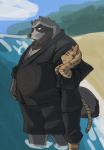 anthro beach bottomwear clothing duo humanoid_hands male overweight overweight_male pants robe seaside water rentcg canid canine felid feline mammal raccoon_dog tanuki 2018 hi_res