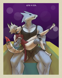 anthro breasts carrying_another cleavage clothed clothing curvy_figure cybernetics digitigrade dress duo female grey_hair hair holding_another in_arms inside intimate looking_at_another love machine male male/female mechanical_limbs muscular muscular_male red_clothing red_dress romantic shirt simple_background sitting sleeveless_clothing smile tail tank_top thick_thighs topwear white_body 10ne-v alexa_(10ne-v) aquatic canid canine carpet_shark cyborg fish fox ginglymostomatid living_machine mammal nurse_shark robot shark 2024 absurd_res colored digital_media_(artwork) hi_res shaded soft_shading