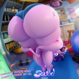 anthro anthrofied ball bent_over big_butt bookshelf bottomwear butt clothing cutie_mark detailed_background dialogue dumbbell exercise_ball female female_anthro flexible furniture hair holy_hand_grenade_of_antioch horn hotpants huge_butt looking_at_viewer looking_back looking_back_at_viewer presenting presenting_hindquarters purple_body purple_eyes purple_hair shorts solo standing stretching text thick_thighs weights wide_hips yoga yoga_mat conditional_dnp snuddy friendship_is_magic hasbro monty_python monty_python_and_the_holy_grail my_little_pony mythology praise_da_booty_(meme) starlight_glimmer_(mlp) equid equine mammal mythological_creature mythological_equine unicorn 2026 3d_(artwork) digital_media_(artwork) english_text hi_res meme