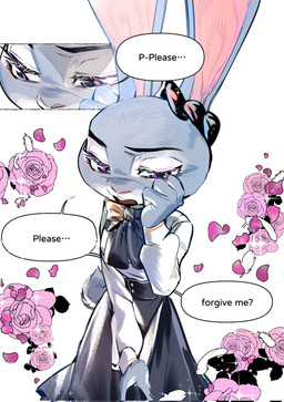 accessory anthro bottomwear bow_ribbon clothed clothing dialogue duo eyelashes female fingers flower fur grey_body grey_fur long_ears male multicolored_body multicolored_fur open_mouth plant purple_eyes skirt speech_bubble tail text topwear two_tone_body two_tone_fur butterfish8199 disney zootopia judy_hopps lagomorph leporid mammal rabbit comic hi_res