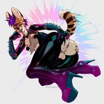ambiguous_gender anthro balls big_butt boots butt chastity_cage chastity_device claws clothing cybernetics cyberpunk footwear fur genitals hair high_heeled_boots high_heels humanoid_genitalia latex latex_clothing machine male nipples nude presenting presenting_hindquarters robotic_arm rubber_clothing shoes simple_background smile solo tail teeth tight_clothing tongue tongue_out topwear torn_clothing lotix mammal 1:1 absurd_res hi_res