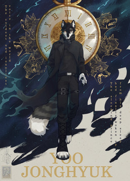 alternate_species anthro clock clothed clothing cosmic_background fur grey_body grey_fur hair male open_mouth pocketwatch scar shirt solo space space_background tail teeth text topwear watch white_body white_fur prince-o-sky omniscient_reader's_viewpoint yoo_jonghyuk canid canine canis humanoid mammal wolf 2024 absurd_res digital_media_(artwork) english_text hi_res