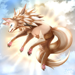 ambiguous_gender blue_eyes brown_body brown_fur claws cloud detailed_background feral fluffy fluffy_tail fur looking_back pawpads sky skyscape solo sun tail ivan-jhang nintendo pokemon canid canine generation_7_pokemon lycanroc mammal midday_lycanroc pokemon_(species) 2017 hi_res