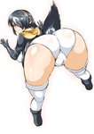 bent_over big_butt black_hair boots breasts butt camel_toe clothing electronics female footwear hair hair_over_eye headphones legwear looking_at_viewer looking_back one_eye_obstructed plump_camel_toe shoes simple_background smile solo thigh_highs underwear unknown_artist kemono_friends emperor_(kemono_friends) animal_humanoid avian avian_humanoid bird_humanoid humanoid mammal penguin_humanoid hi_res