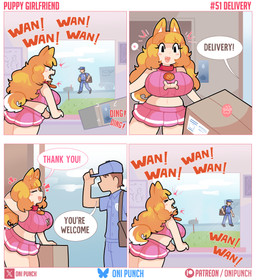 >_< barking big_breasts black_eyes blonde_hair blue_bottomwear blue_clothing blue_eyes blue_hat blue_headwear blue_pants blue_shirt blue_topwear bottomwear box breasts clothing cloud container crop_top curled_tail delivery_(commerce) delivery_employee dialogue door duo eyelashes eyes_closed female female_focus female_humanoid grass hair happy hat headgear headwear heart_symbol huge_breasts long_hair mailbox male male_human midriff miniskirt motion_lines outside pants paw_symbol pink_bottomwear pink_clothing pink_crop_top pink_shirt pink_skirt pink_topwear plant shirt skirt tail text topwear onigiri_punch animal_humanoid canid canid_humanoid canine canine_humanoid dog_humanoid human humanoid mammal mammal_humanoid absurd_res comic english_text hi_res