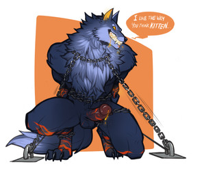 3_toes anthro balls barefoot bdsm biped bodily_fluids bondage bound captured chain chained claws cum digitigrade erection fangs fantasy feet fur genital_fluids genitals grin hands_behind_back humanoid_genitalia humanoid_penis kneeling lava lava_cum looking_at_viewer male nude orange_eyes orange_sclera penis prisoner restraints smile solo submissive submissive_male teeth text toes unusual_bodily_fluids unusual_cum unusual_genital_fluids yellow_eyes spearfrost smite fenrir_(smite) canid canine canis deity mammal wolf 2015 english_text hi_res