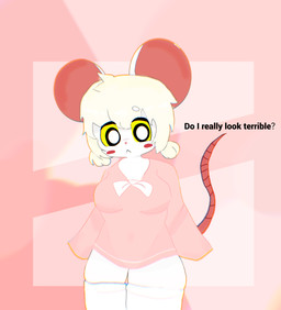 anthro big_breasts blonde_hair blush bottomwear bow_ribbon breasts clothing dress female footwear fur hair legwear pajamas pink_background pink_clothing question simple_background solo tail text white_body white_clothing white_footwear yellow_eyes shuangyue terrible_mouse lorna_(terrible_mouse) humanoid mammal mouse murid murine rat rodent absurd_res english_text hi_res