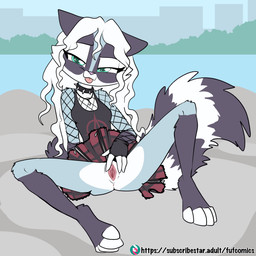 adolescent alternative_fashion anthro bottomwear breasts city clothing collar day detailed_background feet female fingerless_(marking) fingerless_gloves_(marking) fishnet_clothing fishnet_topwear flashing flashing_pussy genitals gloves_(marking) goth green_eyes hair leg_markings loli markings outside pink_nose punk ring_(marking) ringed_tail shirt skirt socks_(marking) solo spiked_collar spikes spread_legs spread_vulva spreading striped_markings striped_tail stripes tail tail_markings tank_top toeless_(marking) toeless_socks_(marking) tongue tongue_out topwear vulva white_hair young young_anthro young_female fuf mammal procyonid raccoon 1:1 character_request hi_res