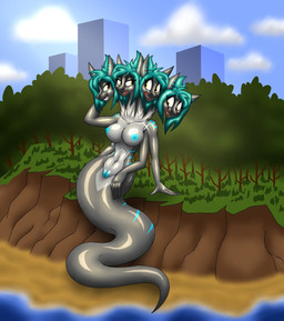 4_arms 4_heads anthro apode breasts building conjoined fangs female genitals glistening glistening_body grey_body hair legless long_neck macro multi_arm multi_head multi_limb nipples non-mammal_nipples plant serpentine snout teal_hair teeth tree vulva michael345 vladiverse aquatic draconcopode fish naga shark hi_res