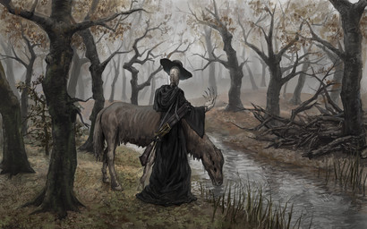 ambiguous_feral ambiguous_gender ambiguous_humanoid black_clothing black_hat black_headwear black_robe clothed clothed_ambiguous clothed_humanoid clothing creek dead_tree detailed_background drinking duo feral fog forest gun hat headgear headwear hooded_robe long_fingers not_furry_focus plant ranged_weapon ribs robe scenery standing tree water weapon zhuxie1264852 equid equine horse humanoid mammal monster monstrous_humanoid 16:10 hi_res widescreen