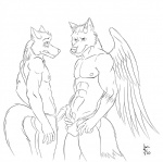 anthro clothing duo erection feathered_wings feathers genitals humanoid_genitalia humanoid_penis imminent_rape male male/male nervous nipples nude penis simple_background smile smirk tail underwear white_background wings luciafinstra mavi steelwings canid canine canis fox mammal wolf black_and_white hi_res monochrome