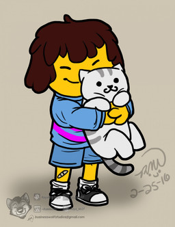ambiguous_gender ambiguous_human band-aid band-aid_on_leg bandage black_clothing black_footwear black_shoes black_sneakers blue_bottomwear blue_clothing blue_shirt blue_shorts blue_topwear bottomwear brown_hair clothing dot_eyes duo eyes_closed feral footwear fur grey_background grey_body grey_fur hair holding_another holding_feral hug hugging_another plantigrade shirt shoes short_hair shorts simple_background simple_eyes smile socks standing tail text topwear white_body white_clothing white_footwear white_fur white_socks yellow_body yellow_skin businesswolf neko_atsume undertale undertale_(series) frisk_(undertale) mack_(neko_atsume) domestic_cat felid feline felis human mammal 2016 crossover dated digital_drawing_(artwork) digital_media_(artwork) hi_res url