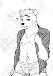 anthro belly boxer_briefs clothing looking_at_viewer male pose shirt slightly_chubby smile solo standing topwear underwear bluebun aggretsuko sanrio shirota_(aggretsuko) bear mammal polar_bear ursine greyscale hi_res monochrome pinup portrait three-quarter_portrait