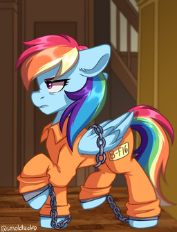 bound chain chained clothing female feral grumpy hair multicolored_hair multicolored_tail orange_clothing orange_jumpsuit prison_uniform prisoner purple_eyes rainbow_hair rainbow_tail solo stairs tail wings smolducko friendship_is_magic hasbro my_little_pony mythology rainbow_dash_(mlp) equid equine mammal mythological_creature mythological_equine pegasus hi_res