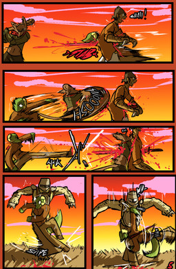 ambiguous_gender anthro blood bodily_fluids clothed clothing dialogue female gore group horn male melee_weapon sword tail text weapon brradett lernie_(brradett) human mammal murid murine rat rodent scalie absurd_res colored comic hi_res