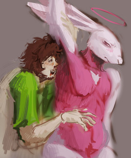 ambiguous_gender anthro armpit_fetish armpit_sniffing armpit_worship blood blush bodily_fluids body_worship brown_hair clothed clothing duo featureless_chest hair halo male male/ambiguous multicolored_body multicolored_clothing multicolored_topwear nosebleed pink_body pink_halo raised_hand simple_background sniffing standing topless topless_anthro topless_male topwear white_clothing white_ears white_hands white_head white_topwear follineo follineo_(follineo) pinky_scar_(scar) hare human lagomorph leporid mammal 2026 colored digital_drawing_(artwork) digital_media_(artwork) digital_painting_(artwork) hi_res krita_(artwork) painting_(artwork)