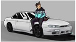 anthro bottomwear brown_hair car clothed clothing footwear fur hair high_top_shoes hoodie looking_at_viewer male pants shoes simple_background sitting smile solo tail topwear vehicle botter_dork nissan nissan_silvia bela_(botter_dork) canid canine fox mammal hi_res